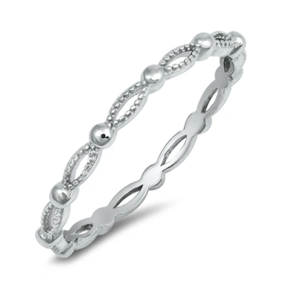 Sterling Silver Beaded Marquise Band Ring – Size 7.5